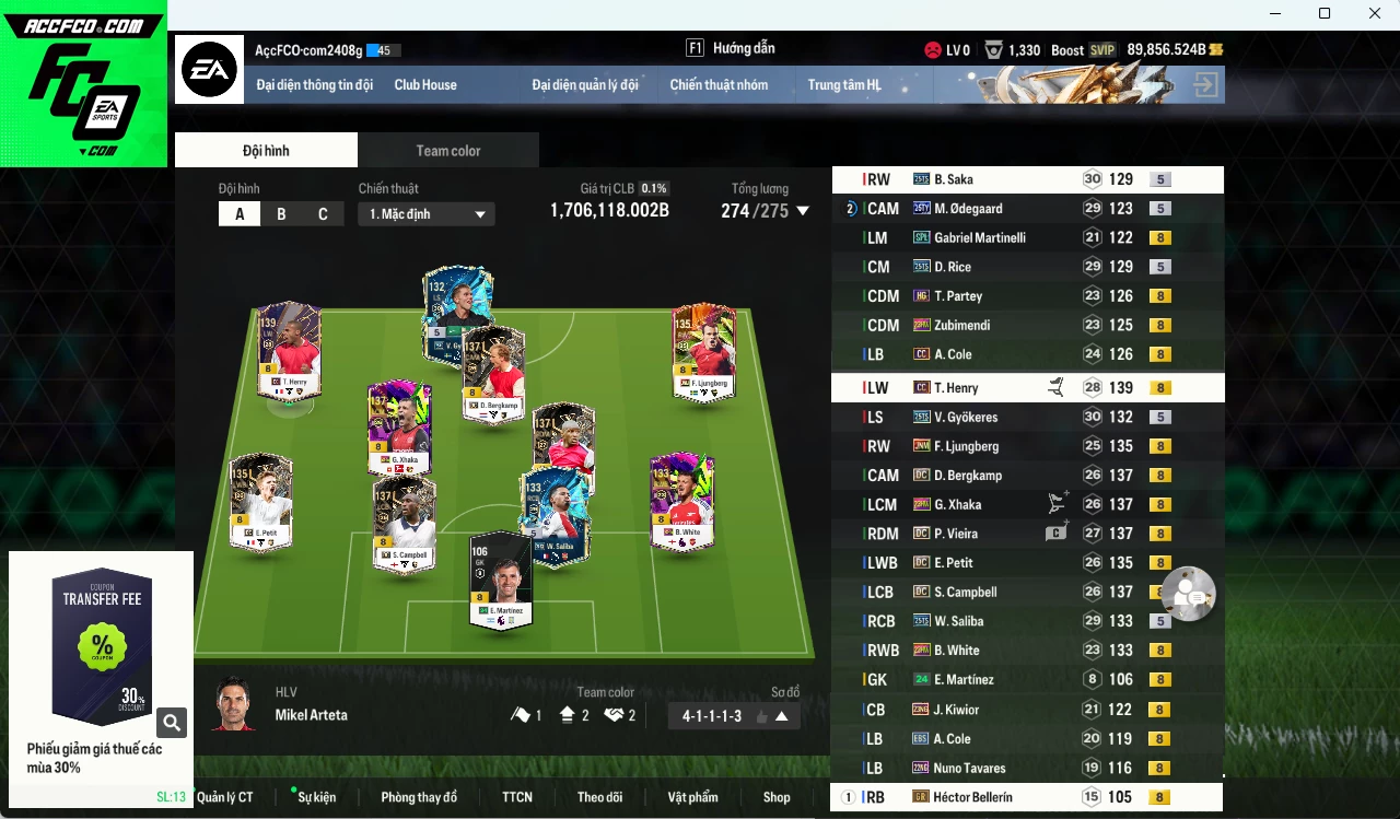 [ACC Rẻ🔥] Arsenal 1.706.110b dư 89.800b có Gyokeres 25TS, Vieira DC, Henry CC, Bergkamp DC, Saka 25TS, Rice 25TS, Campbell DC, Petit DC, Saliba 25TS, Xhaka 23HW, Ljungberg JNM, Odegaard 25TY, White 23HW...